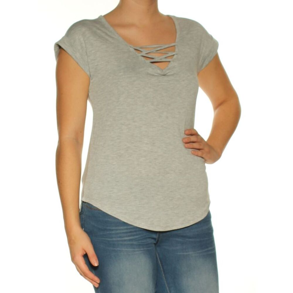 CRAVE FAME Womens Top Gray Cap Sleeve V Neck Juniors S